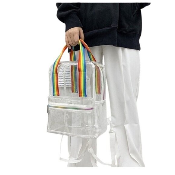 Clear PVC Backpack Rainbow Straps Adjustable & Zipper Pockets 9.5 "x12.6 "x 5.1" - Picture 4 of 9